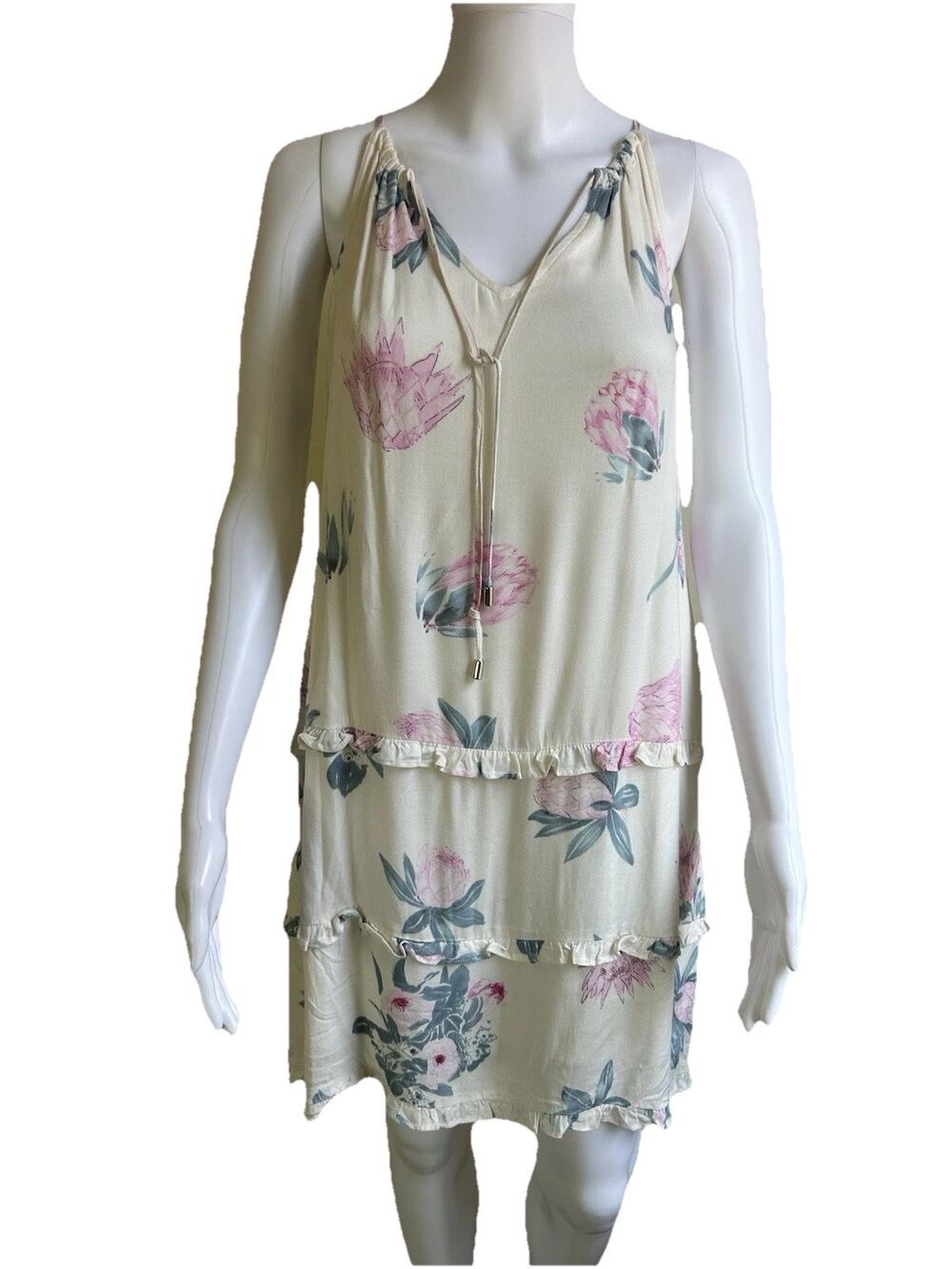 MINKPINK Drop Hem Dress White Pink Floral Ruffle Tiered Womens S Boho NWT